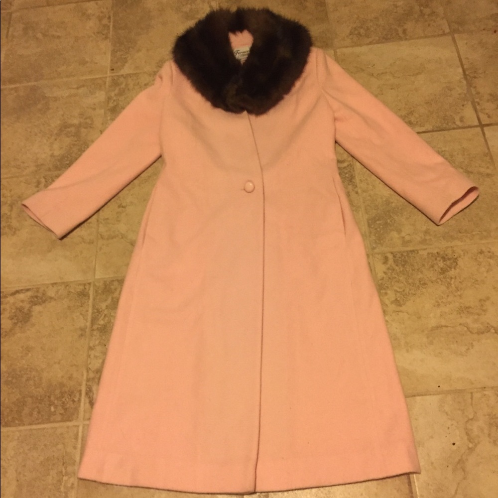 Vintage Pink Long Wool Coat With Real Fox Collar